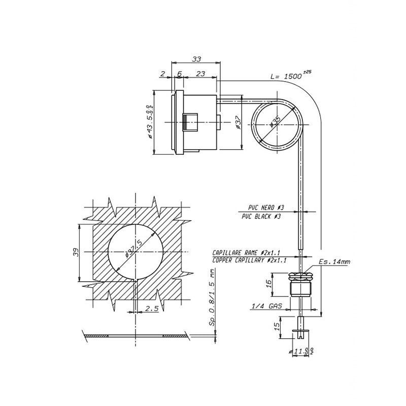 Idrometro capillare 1/4 ID40N14 ricambio compatibile per caldaie Savio